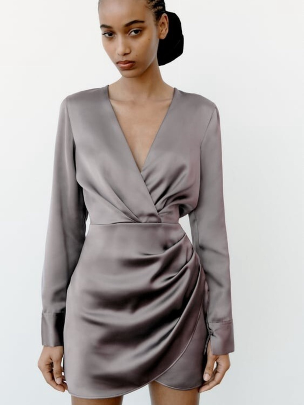 Zara Grey Satin Short Wrap Dress with long sleeves and a draped front NWT